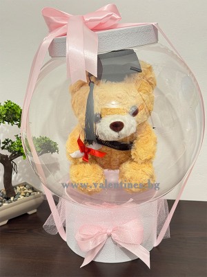 Кутия с кристален балон, въртящо се мече и рози за завършване - Pink