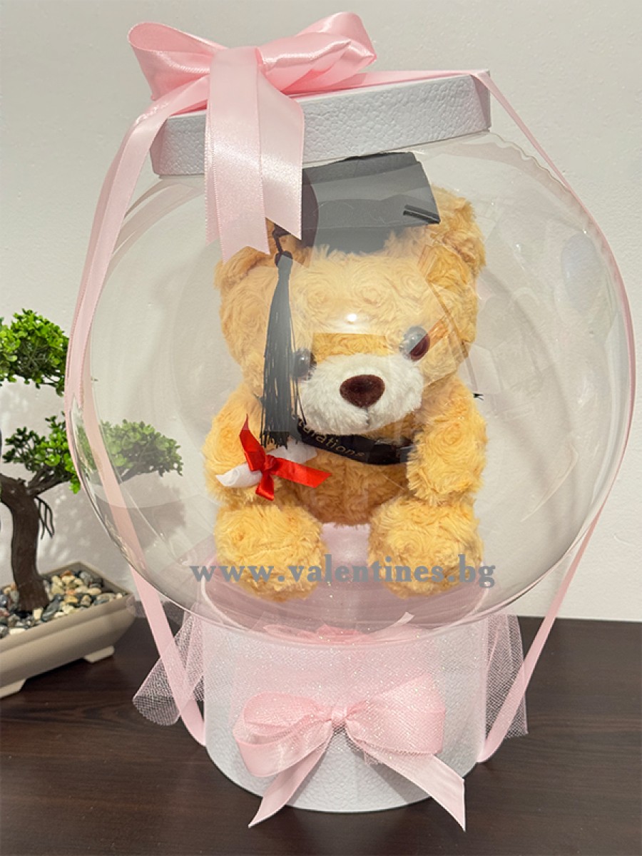 Кутия с кристален балон, въртящо се мече и рози за завършване - Pink