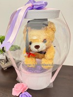 Кутия с кристален балон, въртящо се мече и рози за завършване - PURPLE AND PINK