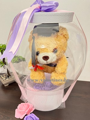 Кутия с кристален балон, въртящо се мече и рози за завършване - PURPLE AND PINK