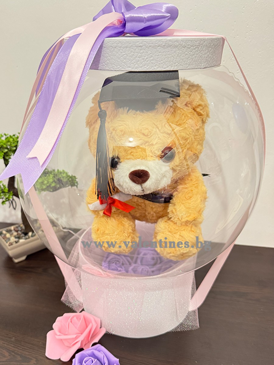 Кутия с кристален балон, въртящо се мече и рози за завършване - PURPLE AND PINK