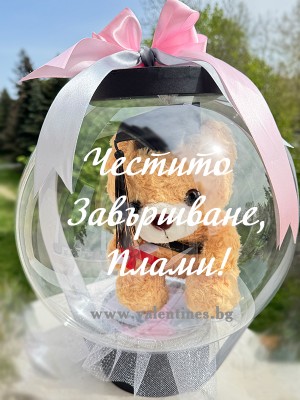 Кутия с кристален балон, въртящо се мече и рози за завършване - Сива и розова панделка