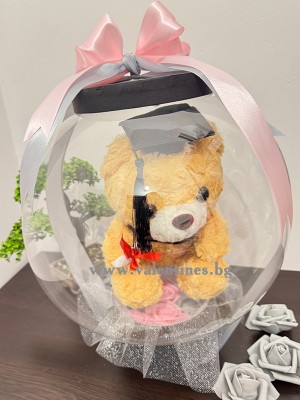 Кутия с кристален балон, въртящо се мече и рози за завършване - Сива и розова панделка