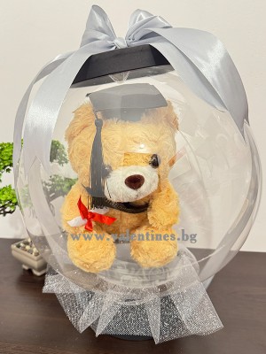 Кутия с кристален балон, въртящо се мече и рози за завършване - Сива панделка