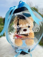 Кутия с кристален балон, въртящо се мече и рози за завършване - Синя панделка