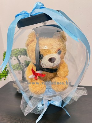 Кутия с кристален балон, въртящо се мече и рози за завършване - Синя панделка