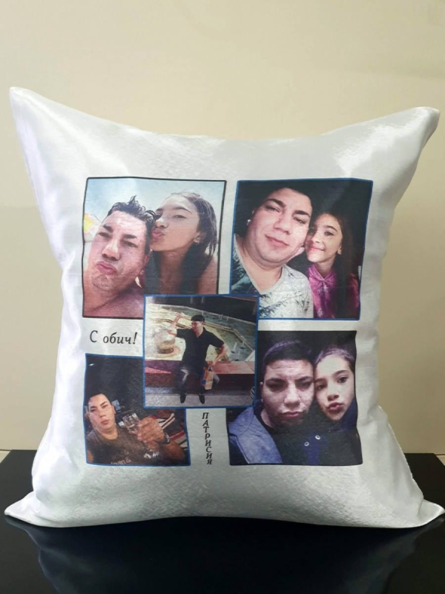 Декоративна персонализирана възглавница с Пет снимки и пожелание на гърба